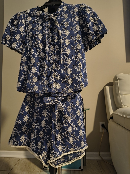 Alice Blue Pants - Alice Blue Blue Floral Eyelet Two-Piece Shorts Set